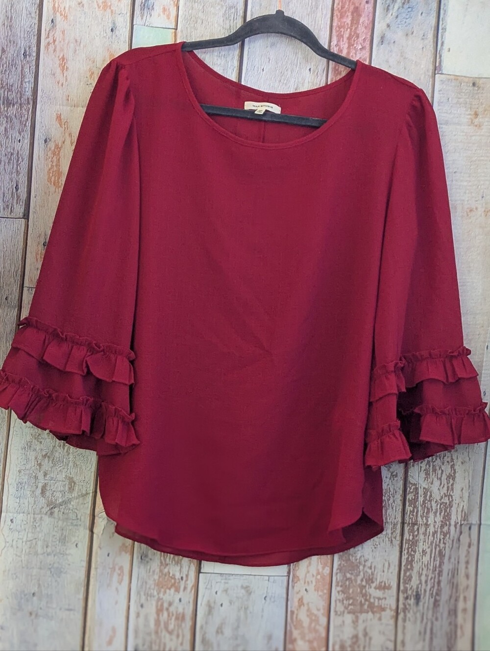 MAX STUDIO Womens Red/ Burgundy Ruffle Sleeve Blouse Sz M